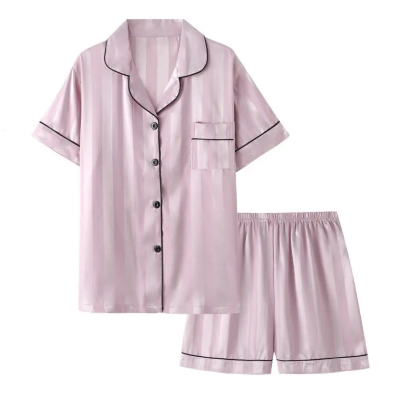 Womens Silk Satin Pajamas Set Short Sleeve Two-piece Pajama Sets Striped Sleepwear Female Loungewear Button-Down pyjama 240930