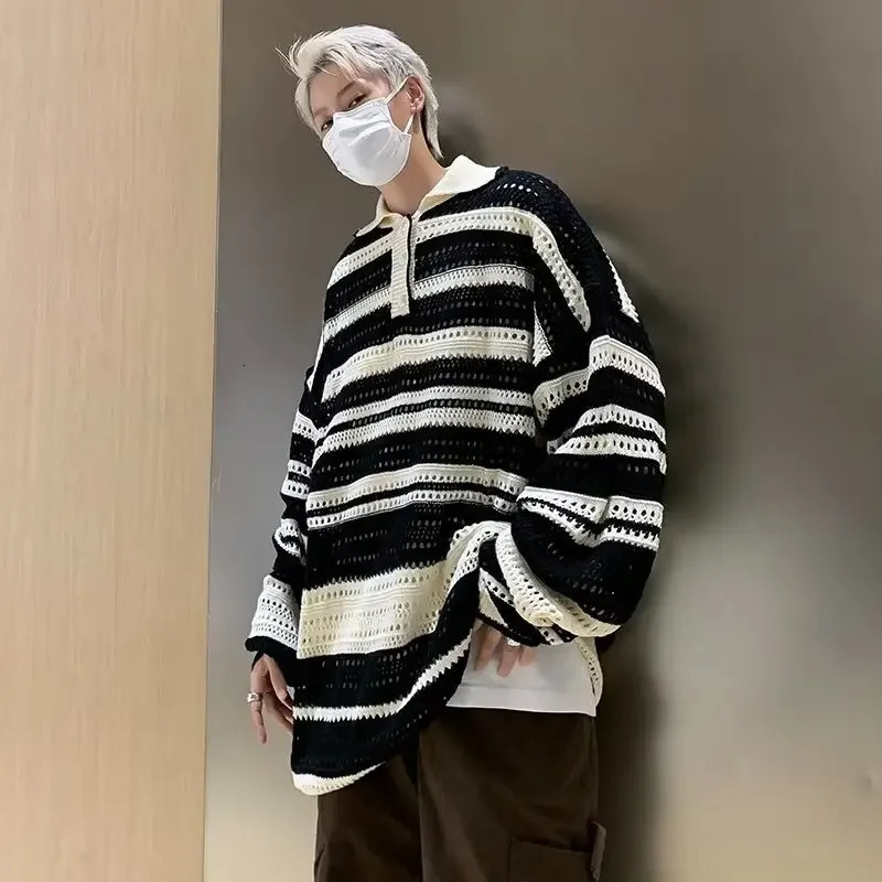 Elegant colored lapel and floral mens sweater autumn n feels niche and warm hollow knit jacket 240930