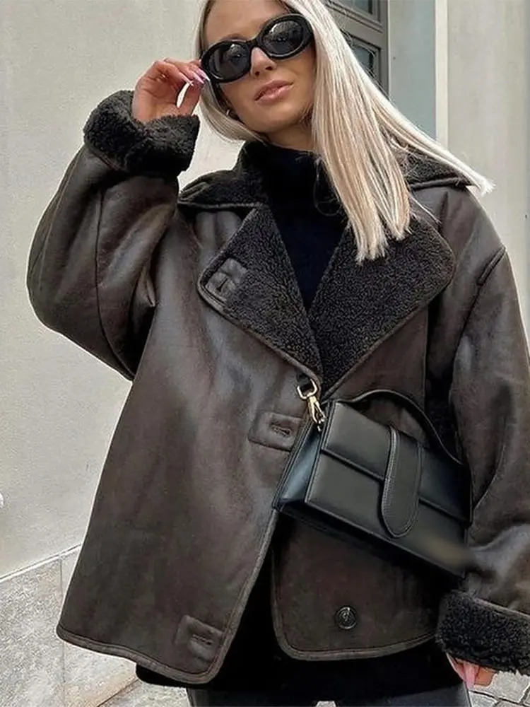 Women Fashion Lapel Faux Fur Leather Jacket Chic Singlebreasted Long Sleeves With Pocket Warm Coat 2024 Lady High Streetwear 240924