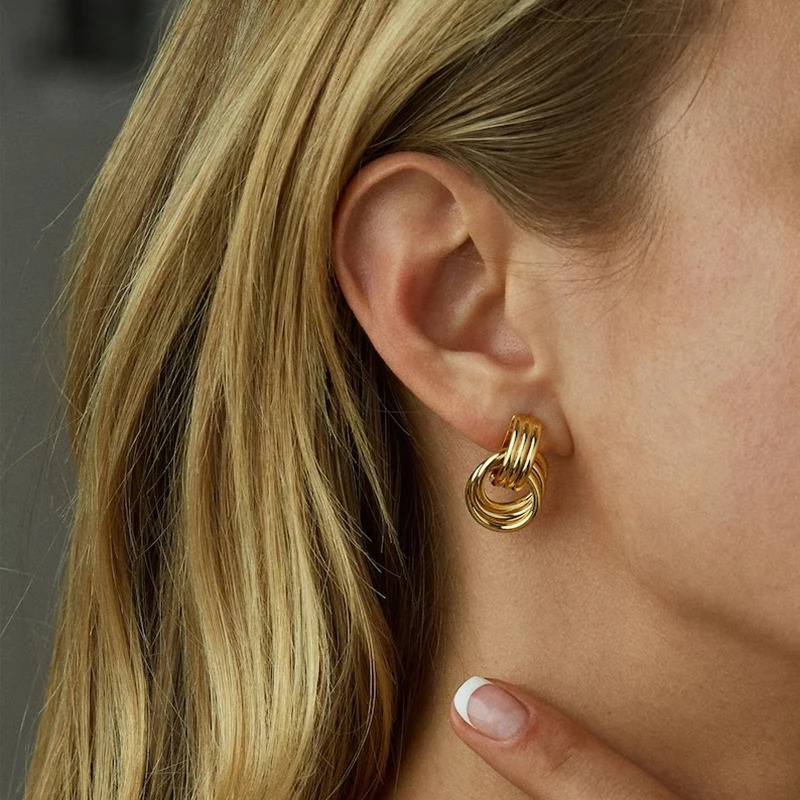 Vintage Three Layers Mini Knot Stud Earrings for Women Gold Plated Twisted Small Circle Stainless Steel Earring Punk Jewelry 240926
