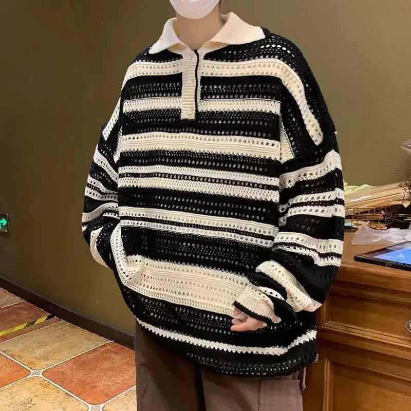 Elegant colored lapel and floral mens sweater autumn n feels niche and warm hollow knit jacket 240930