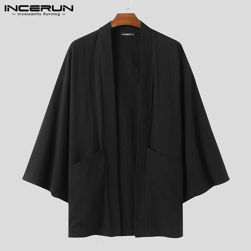 INCERUN Fashion Mens Trench Solid Jacket with Long Sleeves Casual Japanese Kimono Street Clothing Cotton Open Skirt 240930