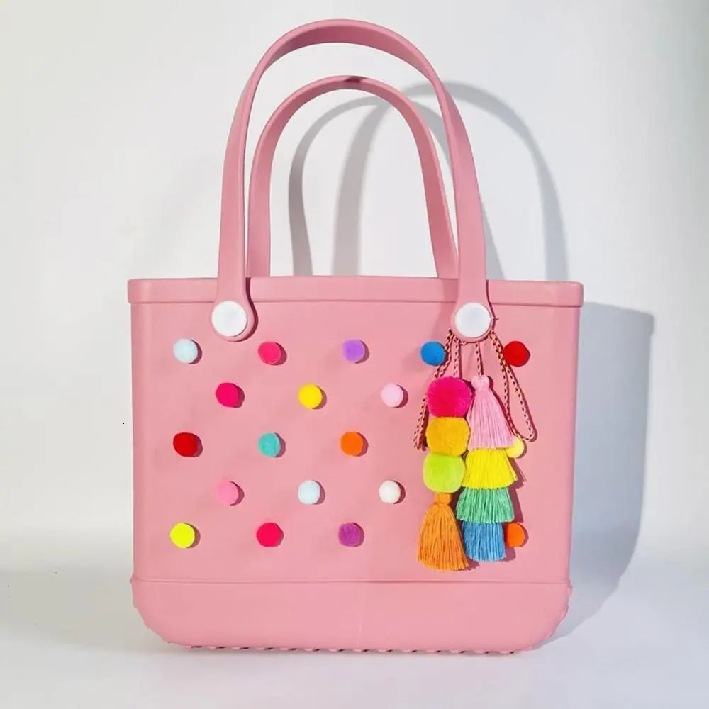Colorful Charm DIY Rubber Beach Bag Accessories for Borg Bags Flower and Pearl Pom Tassel ww 241008
