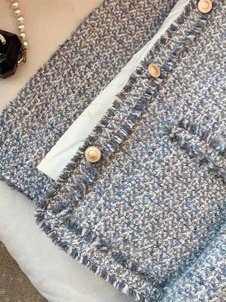 and beautiful blue Xiaoxiangfeng jacket spring summer Korean drama wear coarse tweed warm celebrity top 240924