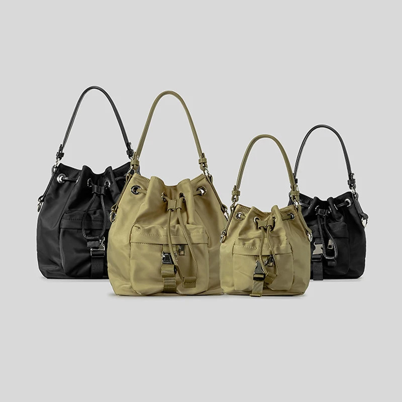 Casual Nylon Buckets Bag Drawsting Women Handbags Vintage Shoulder Crossbody Bag Simple Female Tote Purses 240930