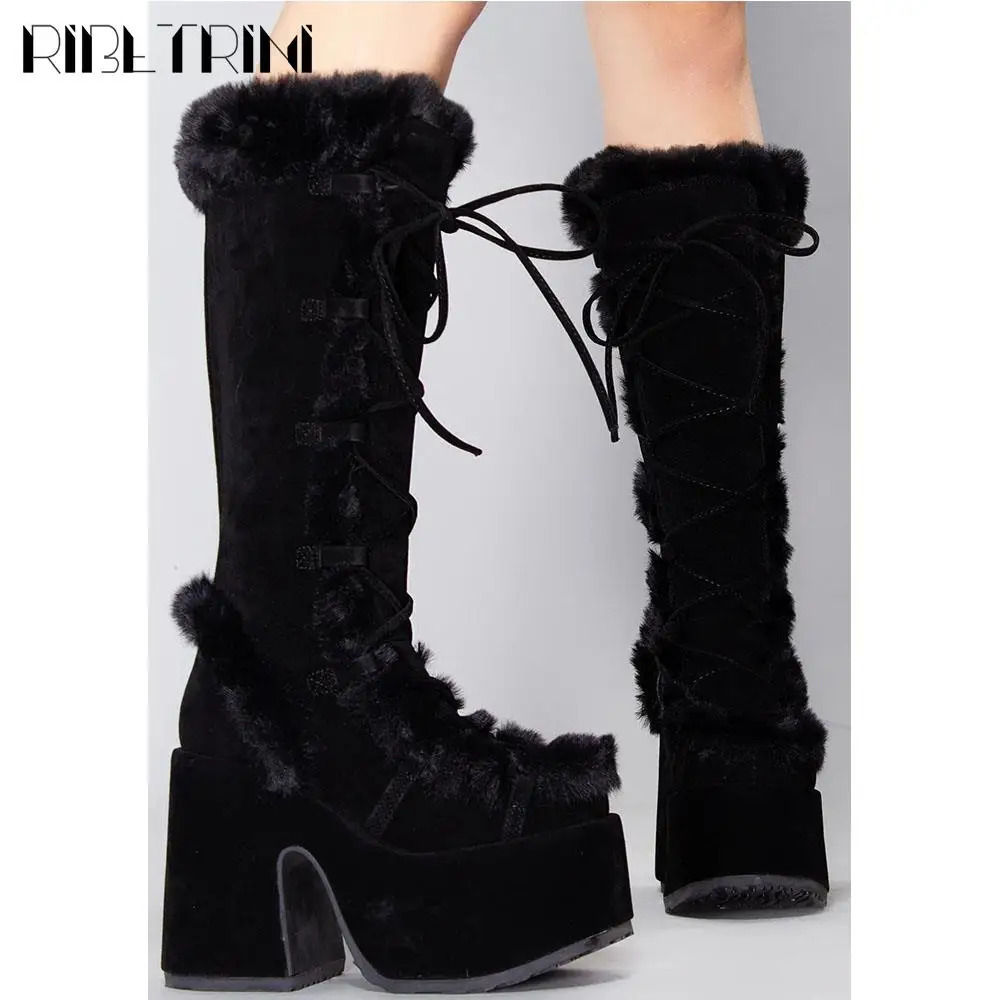 RIBETRINI Punk Gothic Womens Fur Halloween Role Playing Short and Fat Heels Platform Shoes Knee High Party Warm Boots 240927 4