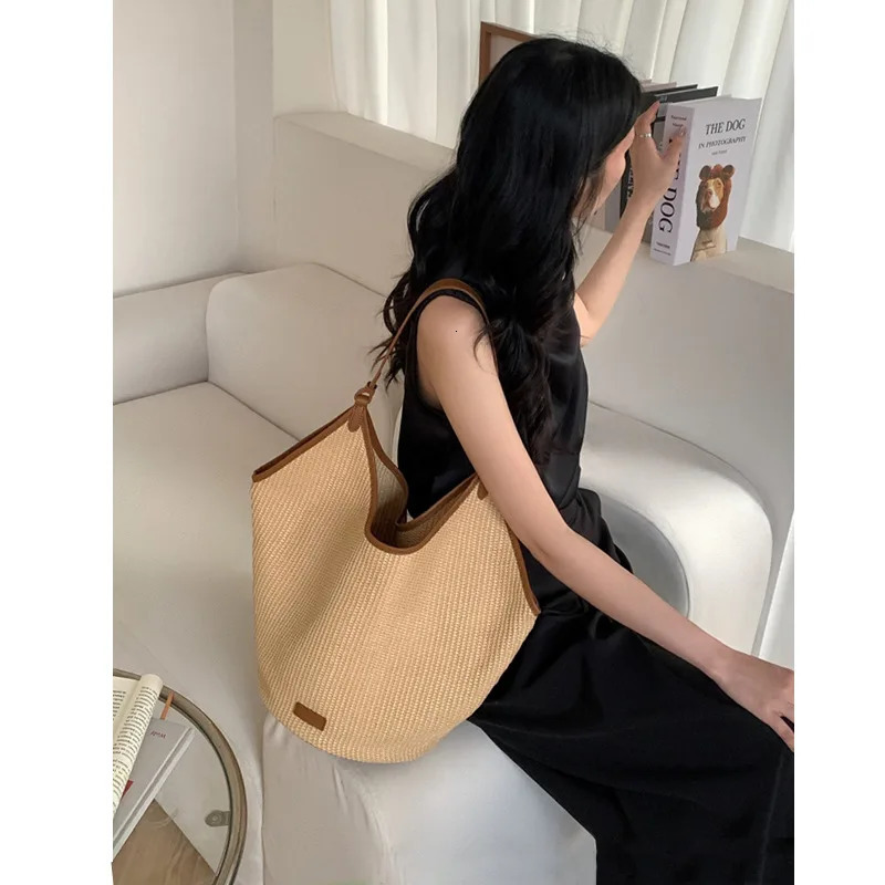 Natural turf woven beach bag travel shoulder shopping bag large capacity womens outdoor bag 240930