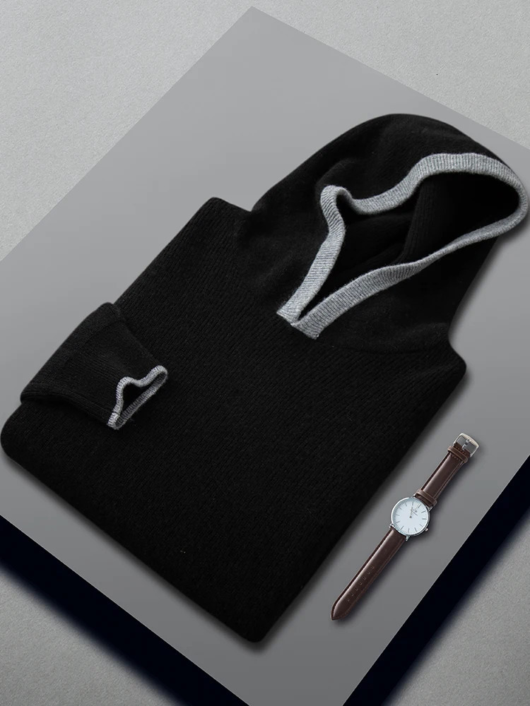 High quality autumn mens hooded cashmere sweater with long sleeves casual and loose drawstring 100% cashmere knitted Korean style top 240930