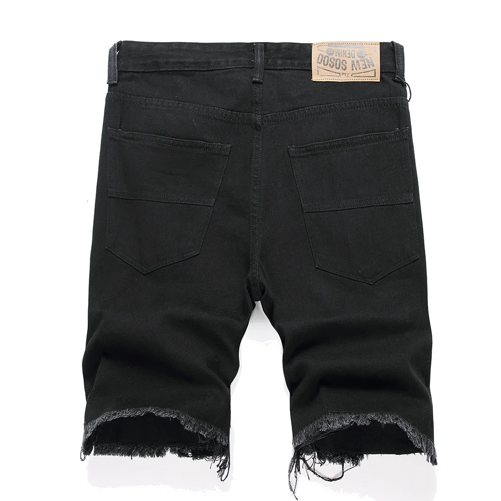 Mens leather star patch denim shorts summer loose black jeans hole torn breeze 240925