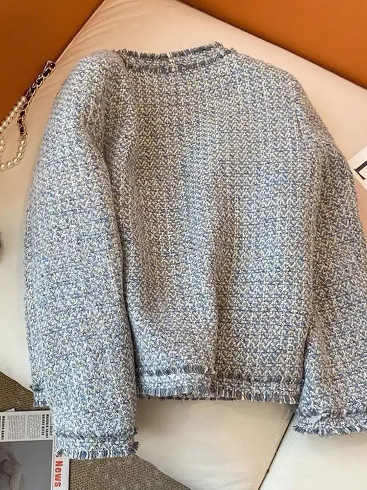 and beautiful blue Xiaoxiangfeng jacket spring summer Korean drama wear coarse tweed warm celebrity top 240924