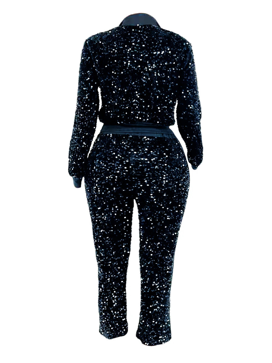 LW Plus Size Two Piece Velvet sequin Zipper Top and Pants Set Fashion Party Evening Dress Womens Set 240930
