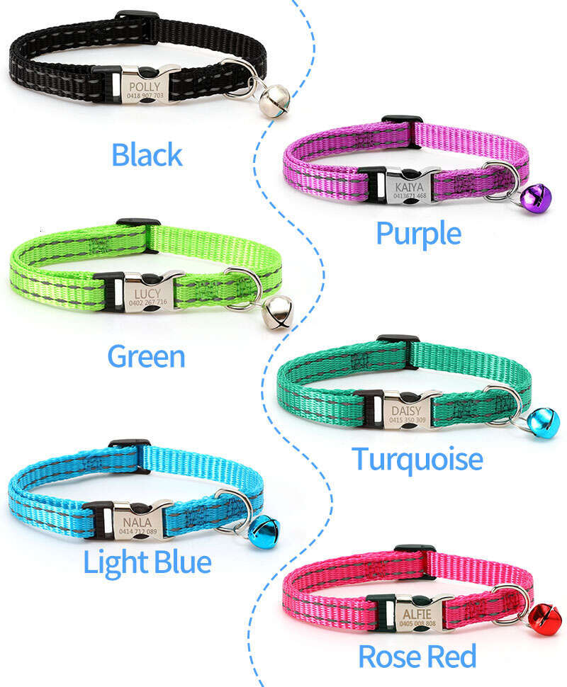 Customized Personalized Reflective Nylon Cat Breakaway With Bell Collar for Dogs and cats