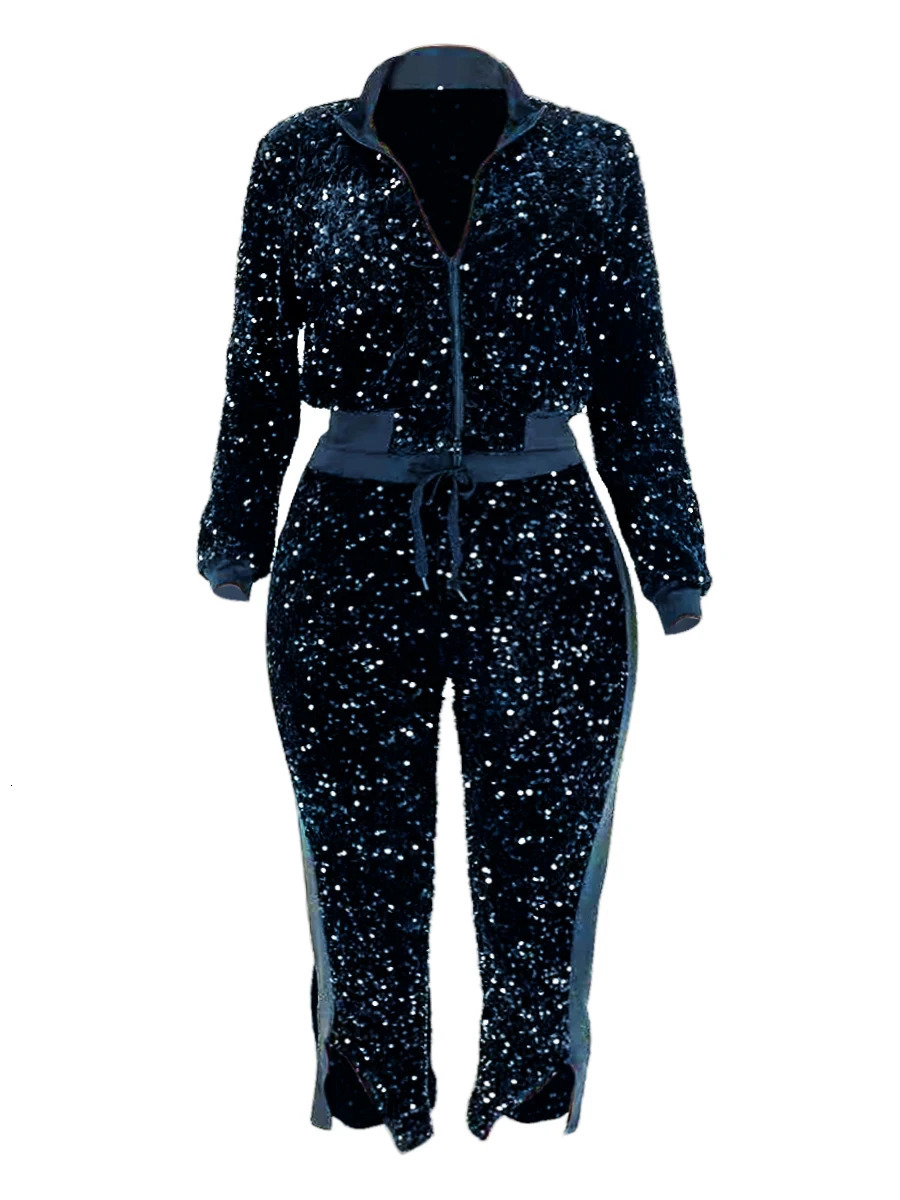 LW Plus Size Two Piece Velvet sequin Zipper Top and Pants Set Fashion Party Evening Dress Womens Set 240930