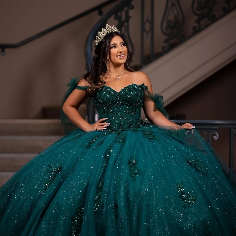 Blackish Green Shiny Quinceanera Dresses Off The Shoulder Lace Applique Sequins Beading Tull Mexican Sweet 16 Dress Vestidos De XV 15 Anos