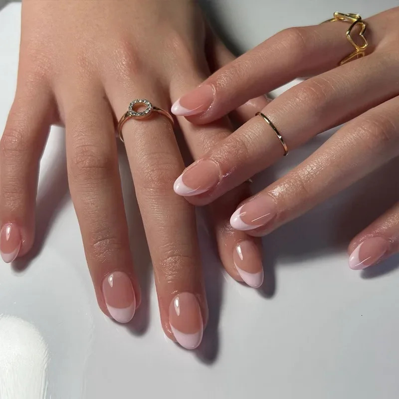 24Pcs French False Nails Almond with Glue Press on White Edge n Wearable Simple Ins Pink Stiletto Nail Tips 240929