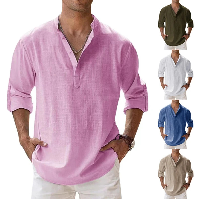 2023 Mens Linen Long Sleeve Breathable Shirt Solid Color Casual Basic Cotton Linen Shirt Tops S5XL 240930