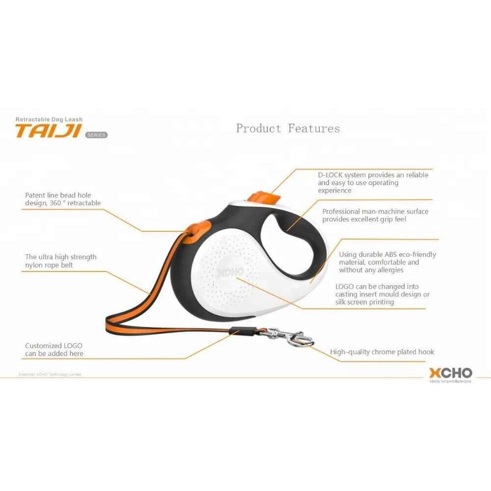 XCHO ergonomic automatic 360 tangle-free tape orange & black large 5m retractable dog leash