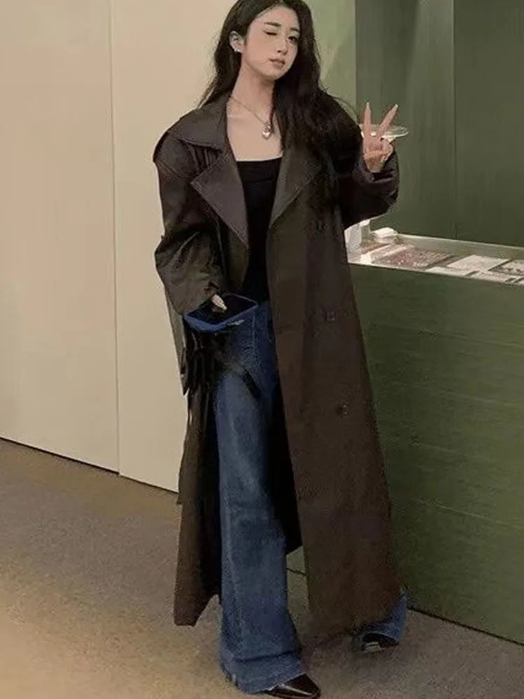 Womens spring and autumn long knee leather jacket womens trench leather jacket ultra-thin waist tied leather jacket womens jacket 240929