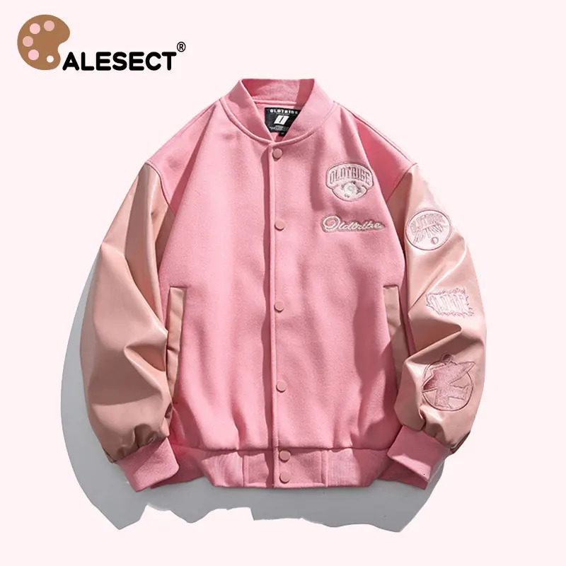 CALESECT Extra Large Pink Leather Baseball Jacket Womens University Retro Jacket Harajuku Street Clothing Mens Clothing 240929