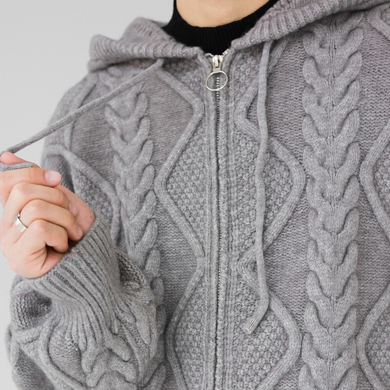 Men's Hooded Zippers Knitted Cardigan Sweater Casual Jacquard Solid Color Long Sleeve Streetwear Vintage Hoodie Knitwear