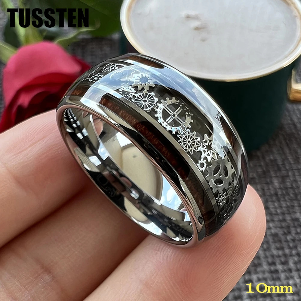 Drop TUSSTEN 10MM Men Women Gear Ring Cool Tungsten Wedding Band Domed Finish With Wood Inlay Comfort Fit 240927