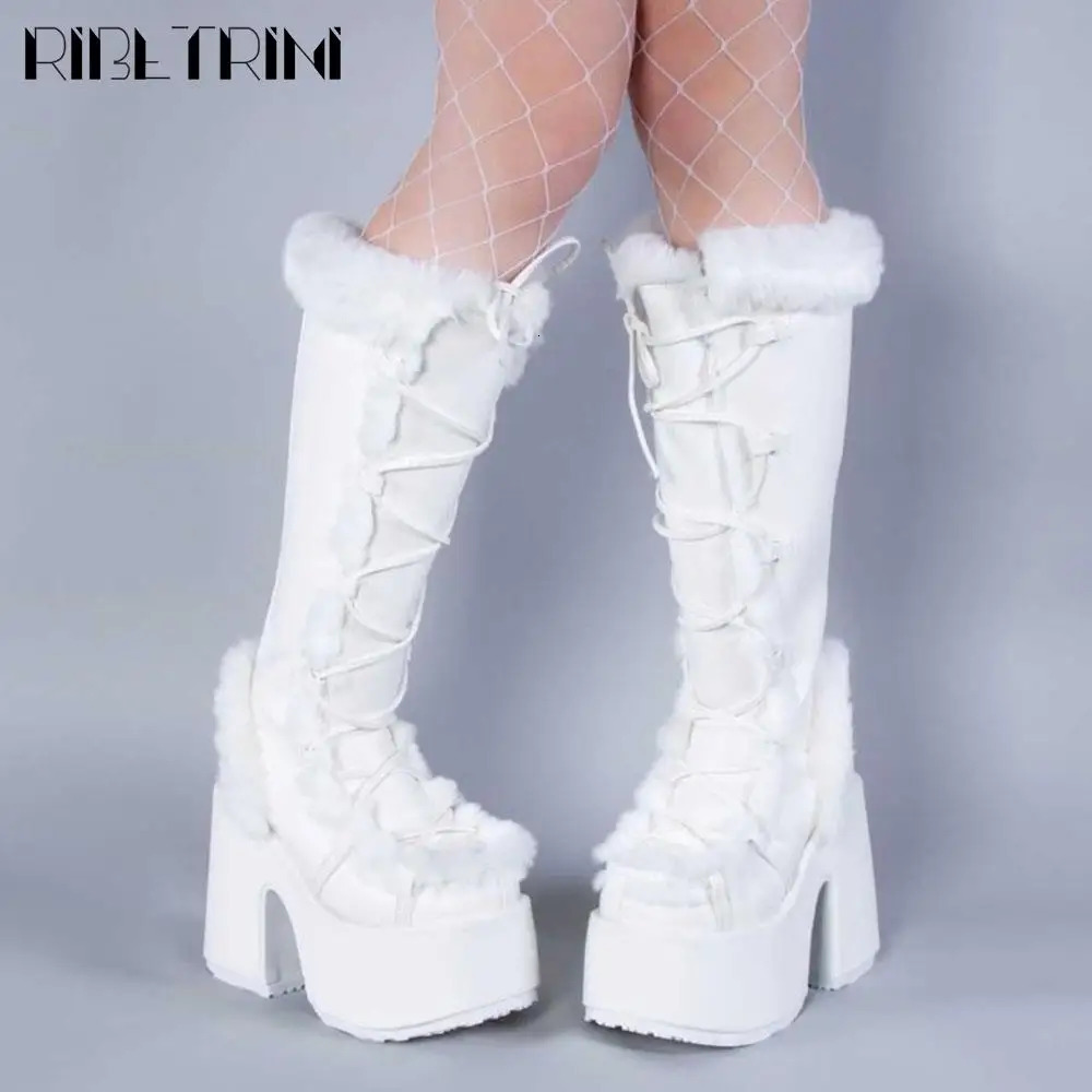 RIBETRINI Punk Gothic Womens Fur Halloween Role Playing Short and Fat Heels Platform Shoes Knee High Party Warm Boots 240927 4