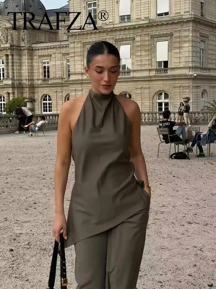 Womens Long Set: Sexy Backless Camisole & Elastic Wide Leg Pants, Fashion