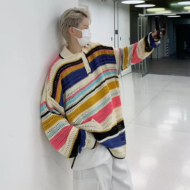 Elegant colored lapel and floral mens sweater autumn n feels niche and warm hollow knit jacket 240930