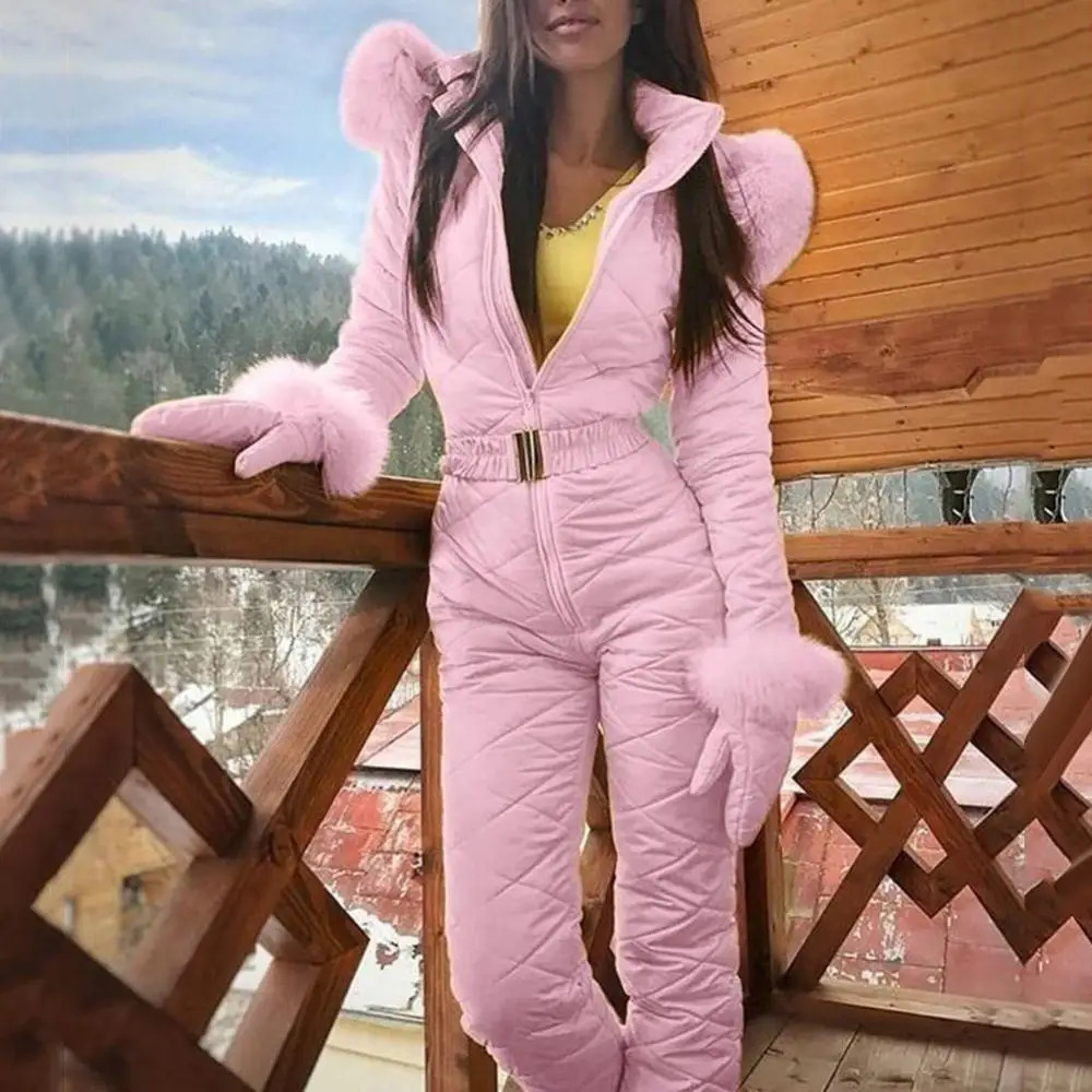 Faux Fur Collar Hooded Women Jumpsuits Winter Skiing Jumpsuit Outdoor Warm Fleece Ski Jumpsuit Women Skiing Suite Winter Coat 240927