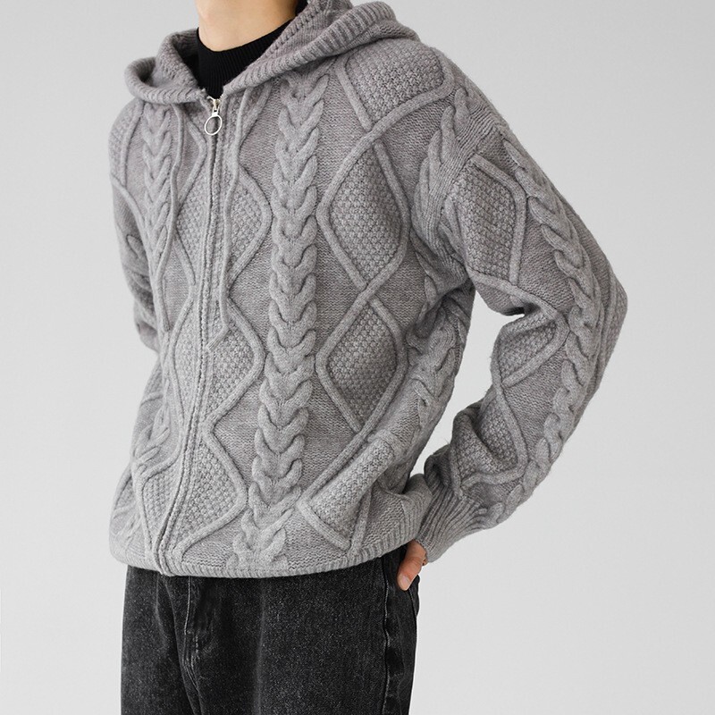 Men's Hooded Zippers Knitted Cardigan Sweater Casual Jacquard Solid Color Long Sleeve Streetwear Vintage Hoodie Knitwear