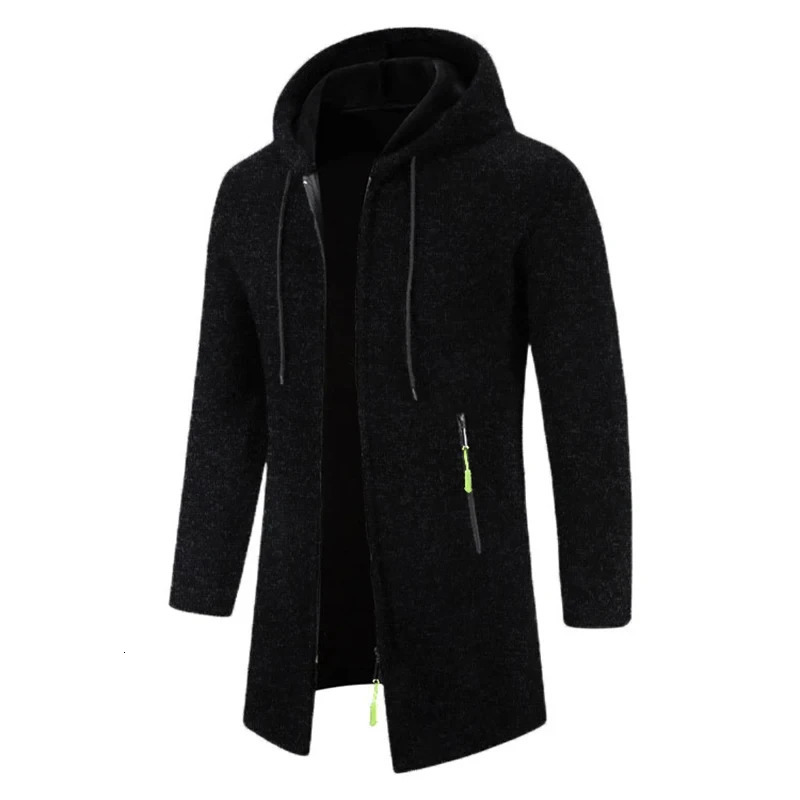 Men Winter Long Trench Coat 2023 Knit Sweater Jacket Fleece Wind Breaker Navy Turndown Hoodies Zipper Cardigan Male Overcoat 240930