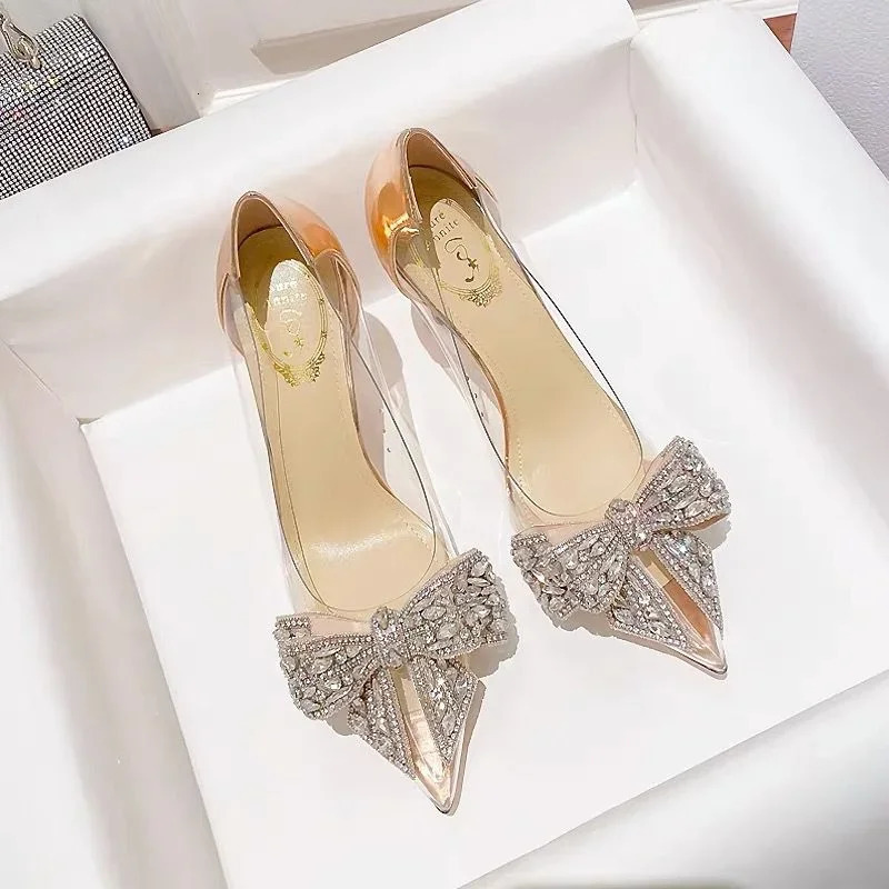 Sexy Transparent Wpmens Water Diamond Bow Pointed Toe Pump Wedding High Heels Spring/Summer Shoes 240925