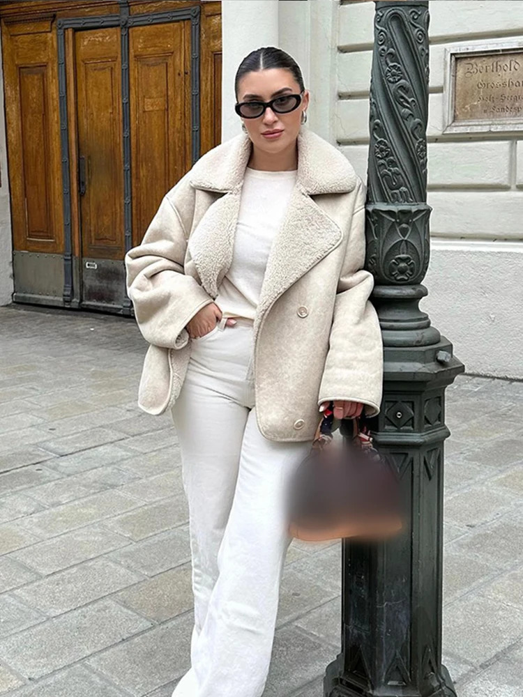 Women Fashion Lapel Faux Fur Leather Jacket Chic Singlebreasted Long Sleeves With Pocket Warm Coat 2024 Lady High Streetwear 240924