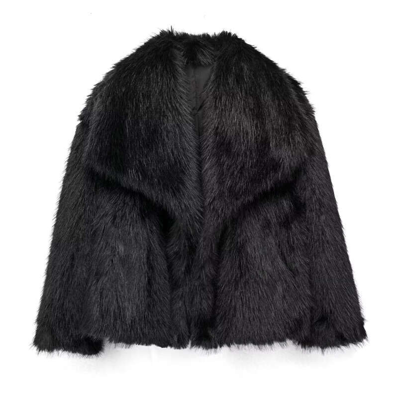 TRAF 2024 Women's Black Fluffy Autumn Winter Faux Fur Coat Plush Outerwears White Red Gray Warm Cropped Jacket