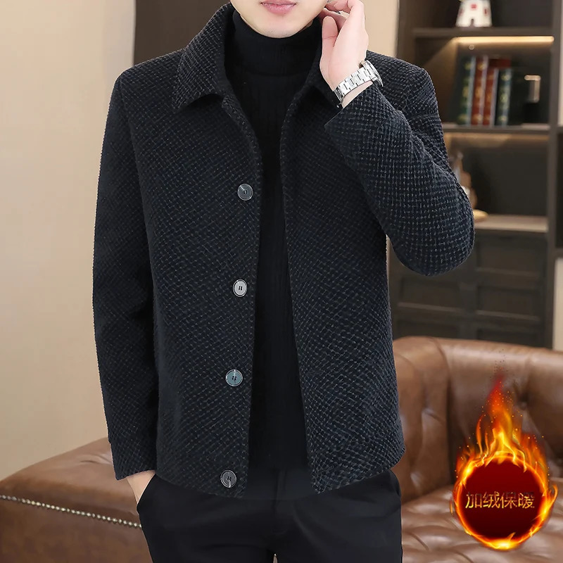 Korean winter wool jacket mens plush and warm short trench jacket plain casual business street jacket social mens clothing 240929 - view 5