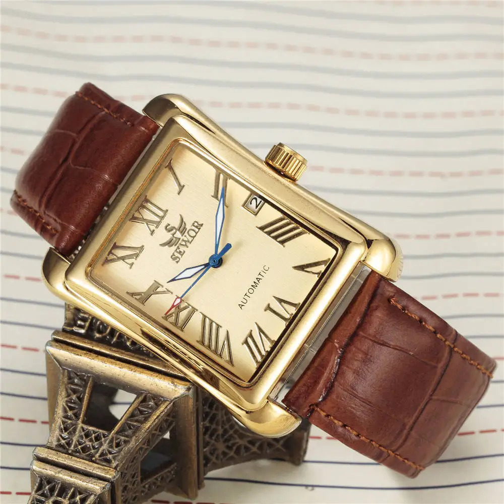 SEWOR Watch Fashion Rectangle Watches Men Gold Automatic Mechanical Wristwatches Men Business Watch relogio masculino 240927