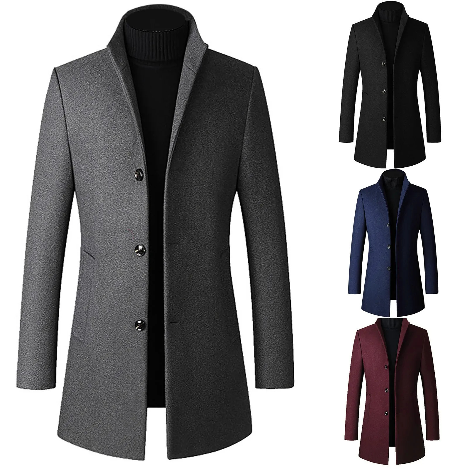 Mens mid length ultra-thin wool coat fashionable standing collar solid color coat comfortable soft and warm jacket Abrigo Hombre 240929 - view 3