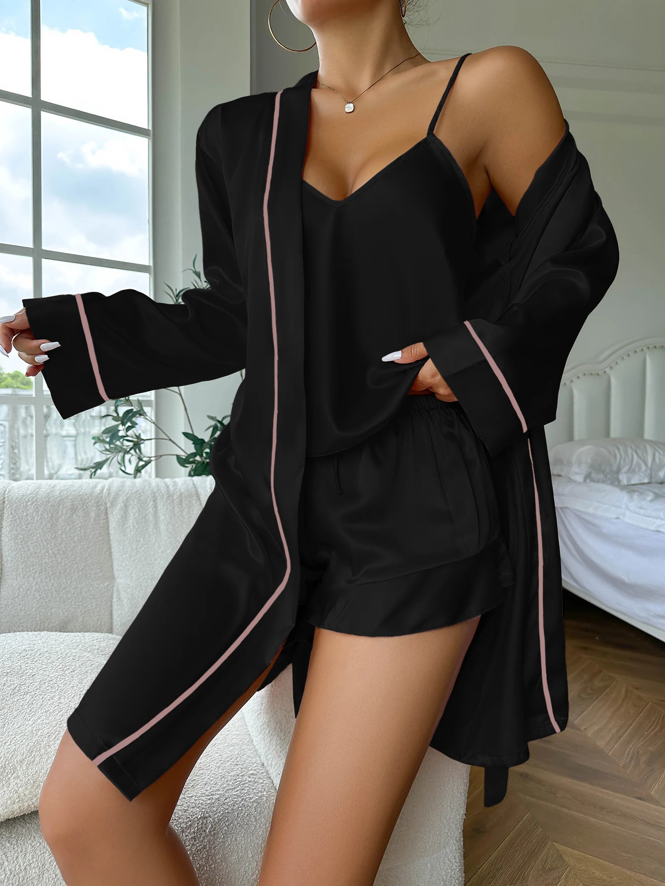 Simple Satin Pajama Set Long Sleeve Belted Robe V Neck Cami Top And Shorts Womens Sleepwear 240930