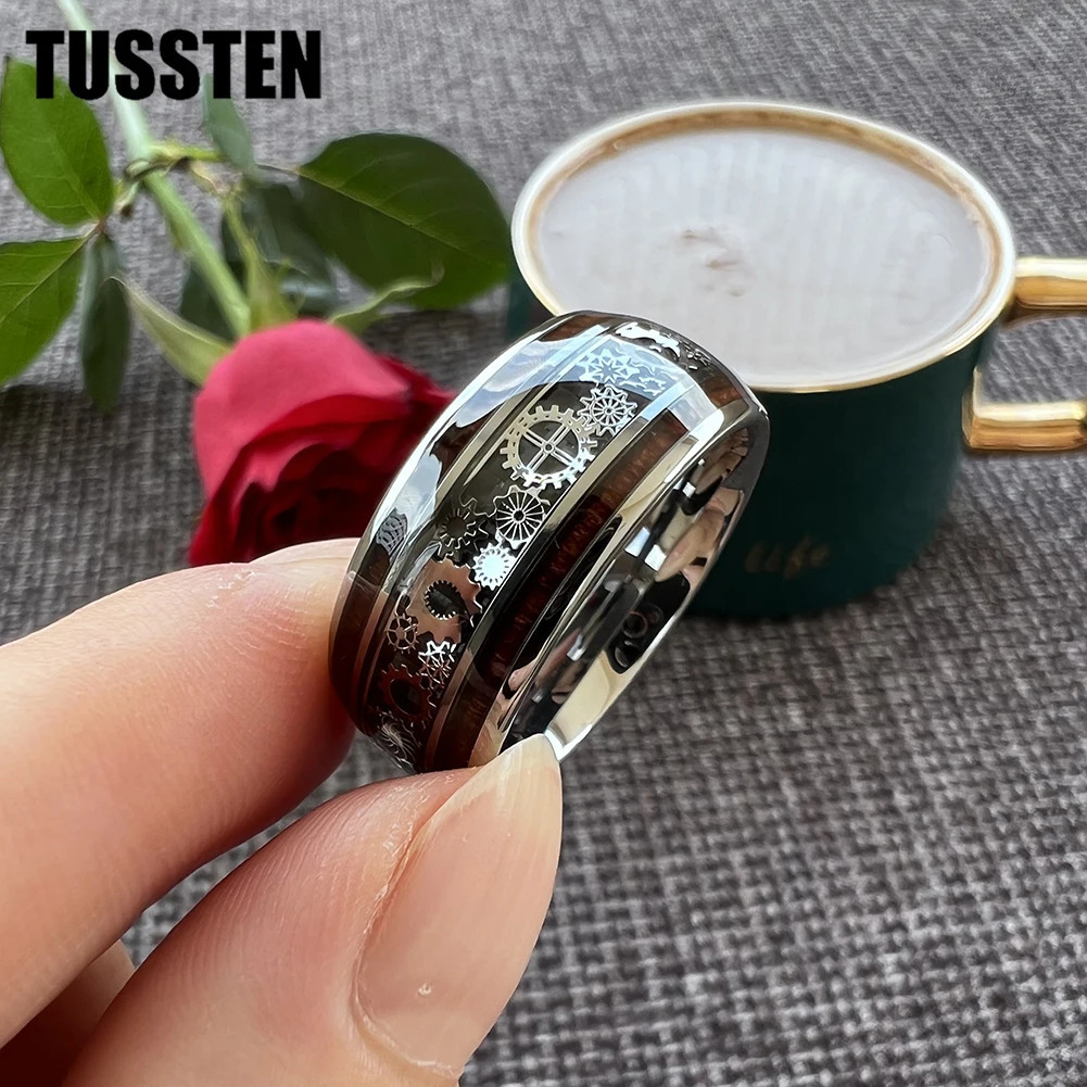 Drop TUSSTEN 10MM Men Women Gear Ring Cool Tungsten Wedding Band Domed Finish With Wood Inlay Comfort Fit 240927
