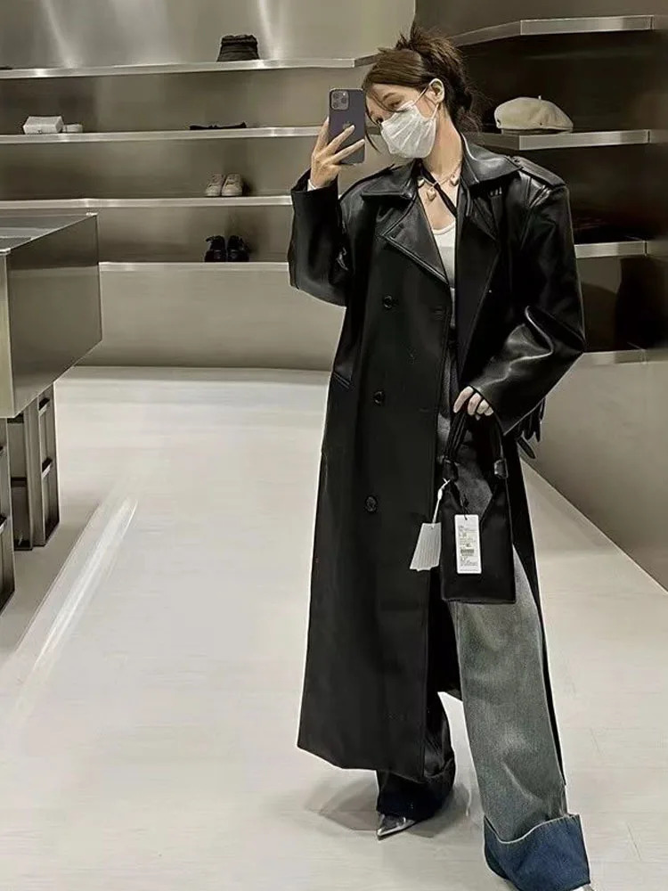 Womens spring and autumn long knee leather jacket womens trench leather jacket ultra-thin waist tied leather jacket womens jacket 240929