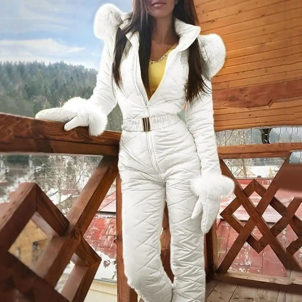 Faux Fur Collar Hooded Women Jumpsuits Winter Skiing Jumpsuit Outdoor Warm Fleece Ski Jumpsuit Women Skiing Suite Winter Coat 240927