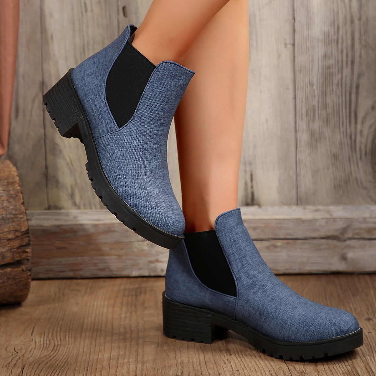 Plus Size Women's Fashion Boots: Round Toe High Heel Chunky Heel, Blue-Grey ee9d