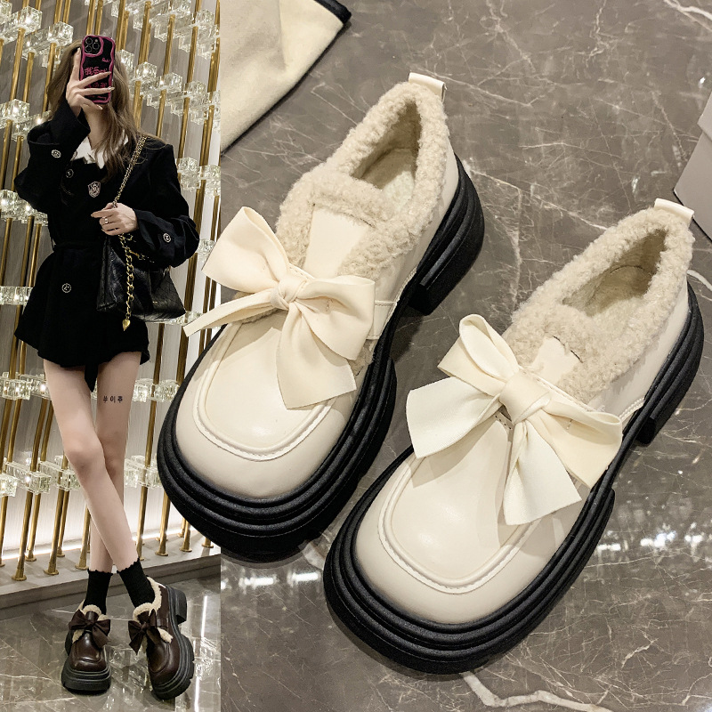 Women Casual Fashion Leather Shoes Thick Sole Chunky Heel Fleece Winter Warm Triple Black Beige Brown Free shipping