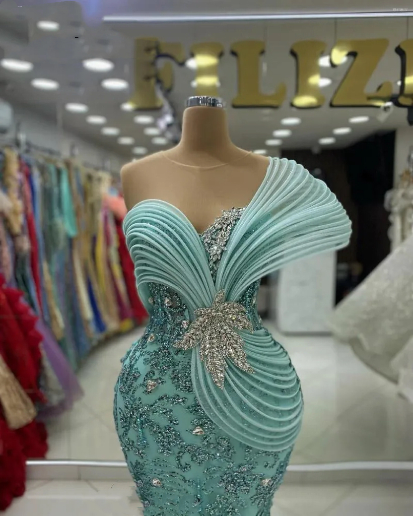 Aso Ebi 2024 Mint Mermaid Prom Dresses Stylish Rhies Sheer Neck Sequined Evening Formal Party Second Reception Birthday Gowns Dress For Special Ocns