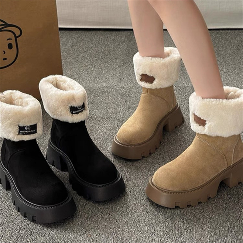 Winter Warm Thick Sole Heightening Fleece Trendy Fashion Boots | Triple Black Apricot c180