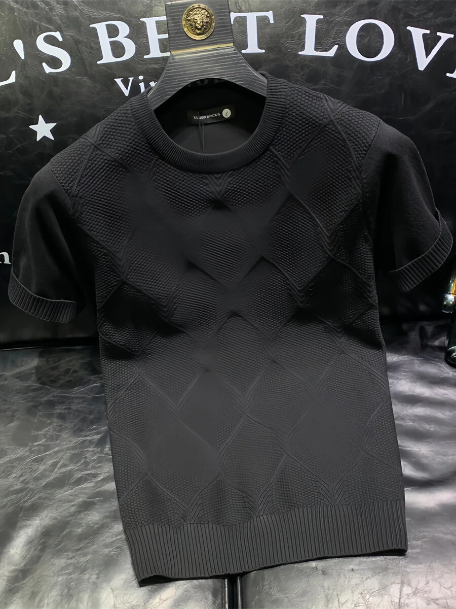 Summer Knitted T-shirt Korean Clothing Solid Color Short Sleeve Trend Business Bottom Top A96 240930