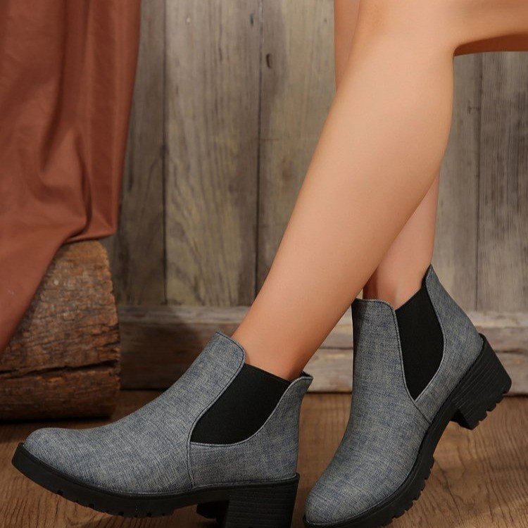 Plus Size Women's Fashion Boots: Round Toe High Heel Chunky Heel, Blue-Grey ee9d
