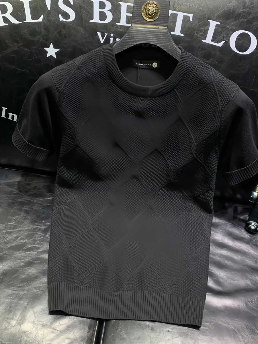 Summer Knitted T-shirt Korean Clothing Solid Color Short Sleeve Trend Business Bottom Top A96 240930