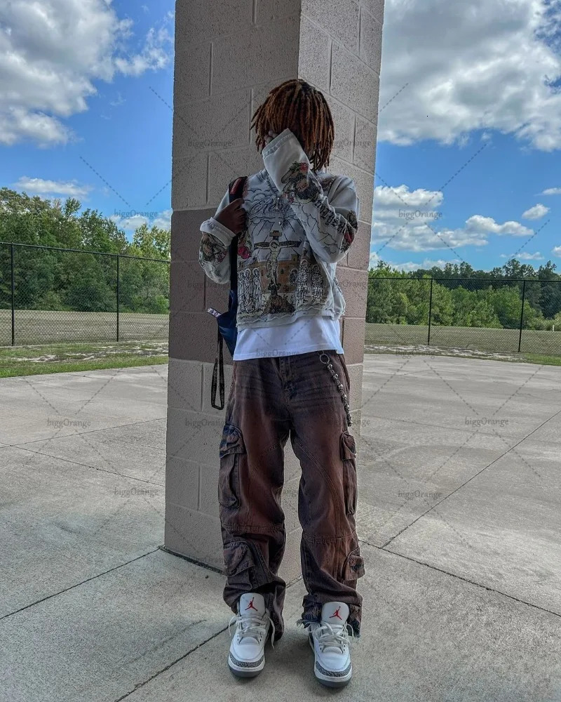 Gothic punk style graphic T-shirt Harajuku American retro oversized long sleeved mens street clothing fashionable casual top 240930