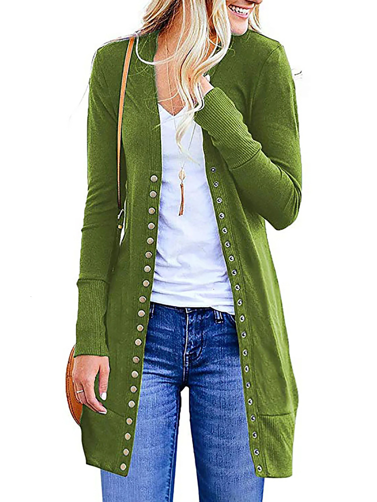 European and American Large Womens Medium length Button Solid Color Cardigan for Autumn 2024 240930
